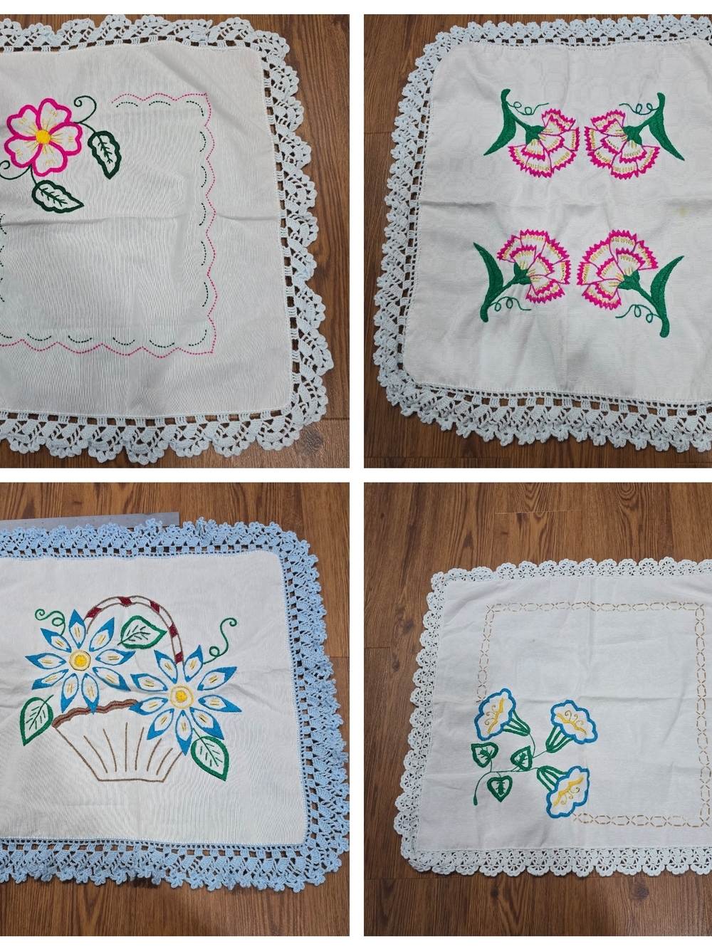 Hand-Embroidered Floral Doilies Set - White with Pink, Green, Blue Accents